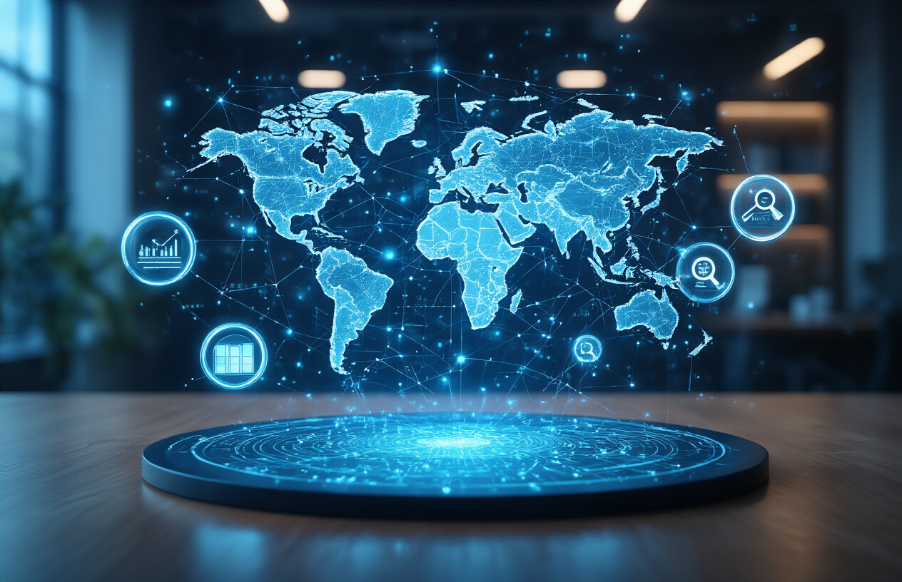 Create a realistic image of a digital world map hologram floating above a modern desk with interconnected glowing nodes and data streams spreading across different continents, surrounded by floating magnifying glass icons and search symbols hovering in the air, set in a sleek modern office environment with soft blue ambient lighting and subtle tech elements in the background, conveying a sense of global connectivity and search analysis, absolutely NO text should be in the scene.