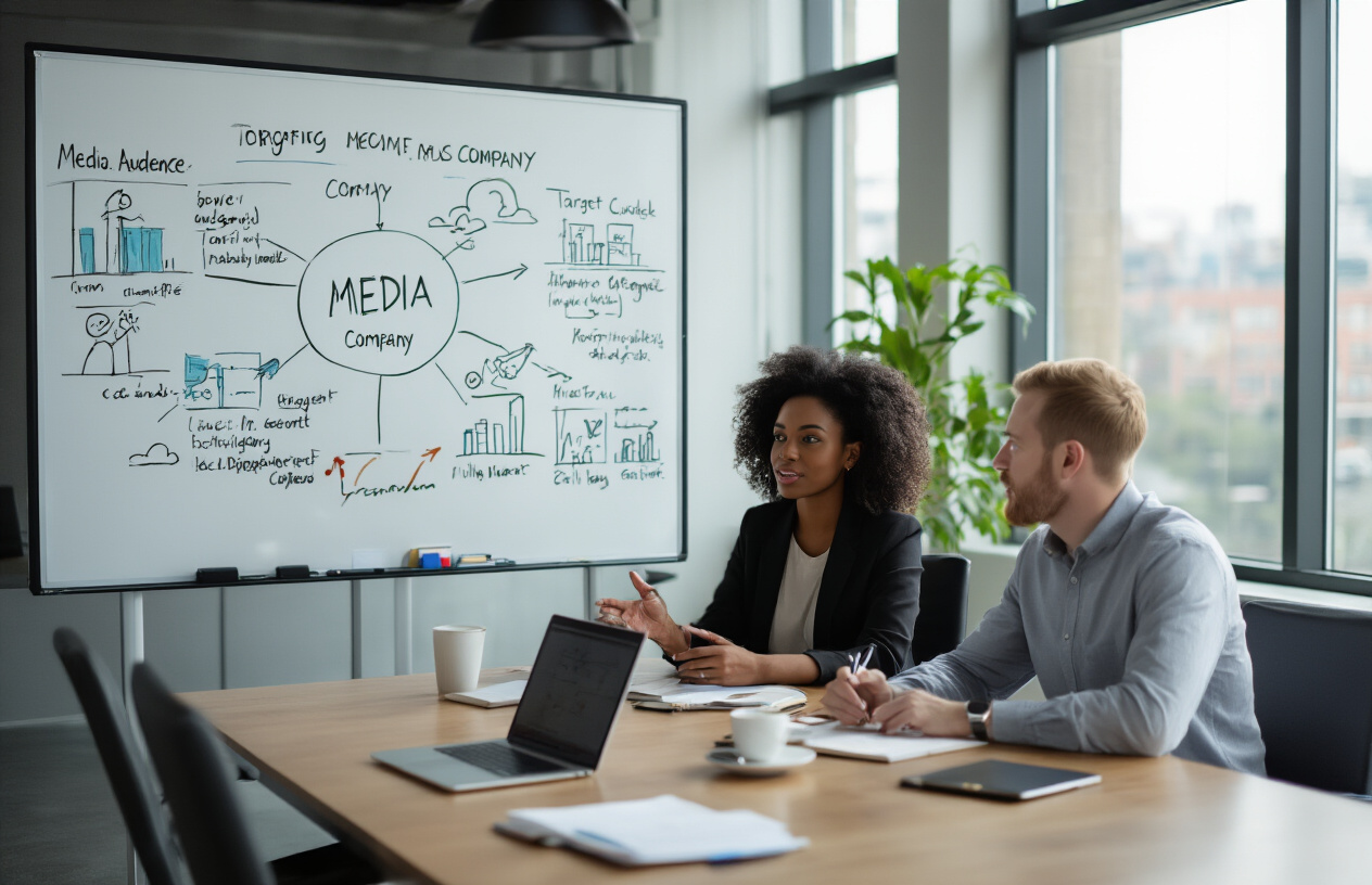 Create a realistic image of a diverse business meeting scene with a white male entrepreneur and a black female business partner sitting at a modern conference table, brainstorming and discussing media company concepts, with a large whiteboard in the background showing creative diagrams, target audience charts, and niche market illustrations, surrounded by laptops, notebooks, and coffee cups in a bright, contemporary office space with large windows providing natural lighting, conveying focus and strategic planning atmosphere, absolutely NO text should be in the scene.