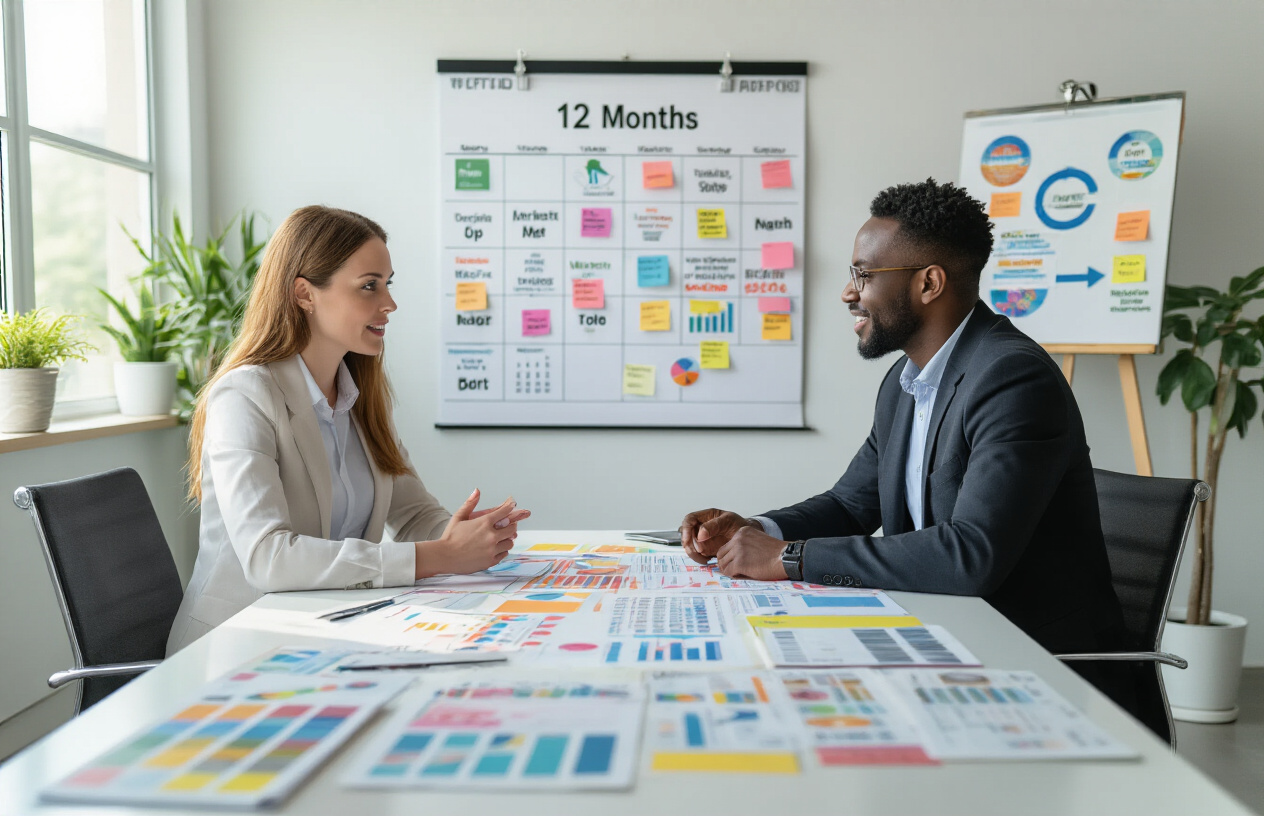 Create a realistic image of a diverse business planning scene with a white female business owner and a black male marketing consultant sitting at a modern conference table covered with colorful calendar charts, seasonal marketing materials, and local business analytics spread across the surface, with a large wall calendar in the background showing all 12 months with various marketing campaign sticky notes attached, surrounded by a bright, professional office environment with natural lighting streaming through windows, potted plants in the corners, and a whiteboard displaying circular arrows suggesting continuous year-round strategy implementation, conveying a collaborative and strategic planning atmosphere. Absolutely NO text should be in the scene.