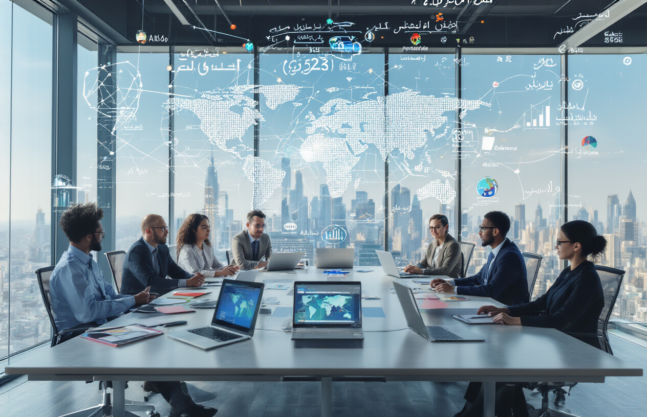 Create a realistic image of a diverse business team of professionals including white and black males and females sitting around a modern conference table with laptops open, surrounded by floating holographic displays showing world maps with interconnected network nodes, colorful data visualization charts, and multiple language keywords in various scripts (Arabic, Chinese, Spanish, English) hovering in the air above them, set in a contemporary glass-walled office with city skyline visible in background, bright natural lighting streaming through windows creating an innovative and successful atmosphere, with globe elements and digital connectivity symbols integrated throughout the scene, absolutely NO text should be in the scene.