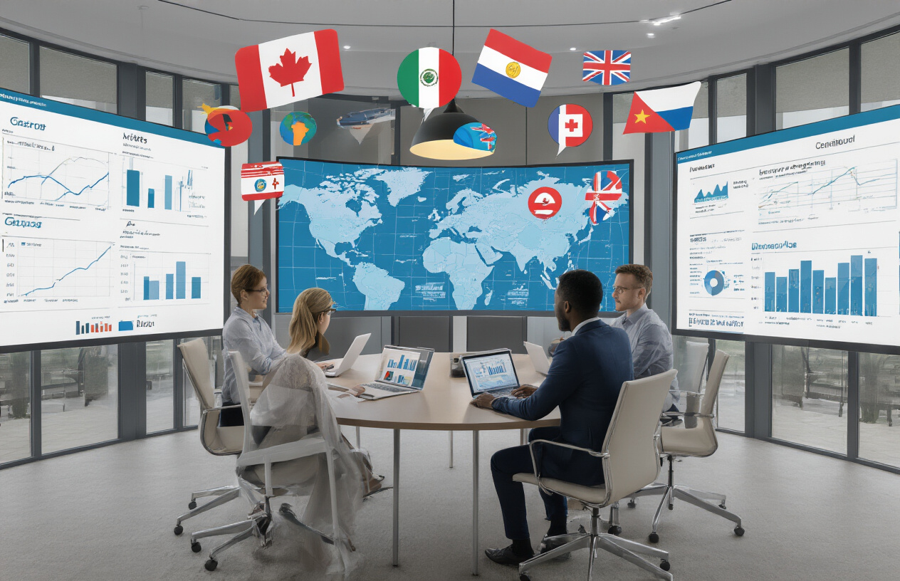 Create a realistic image of a diverse business team of professionals including a white female marketing manager and a black male data analyst sitting around a modern conference table with laptops and tablets, implementing a global digital marketing strategy with world map displays on large wall screens showing different countries and regions, international flag icons floating above the table, modern office setting with floor-to-ceiling windows, professional lighting, collaborative atmosphere, digital analytics charts and keyword research dashboards visible on device screens, absolutely NO text should be in the scene.