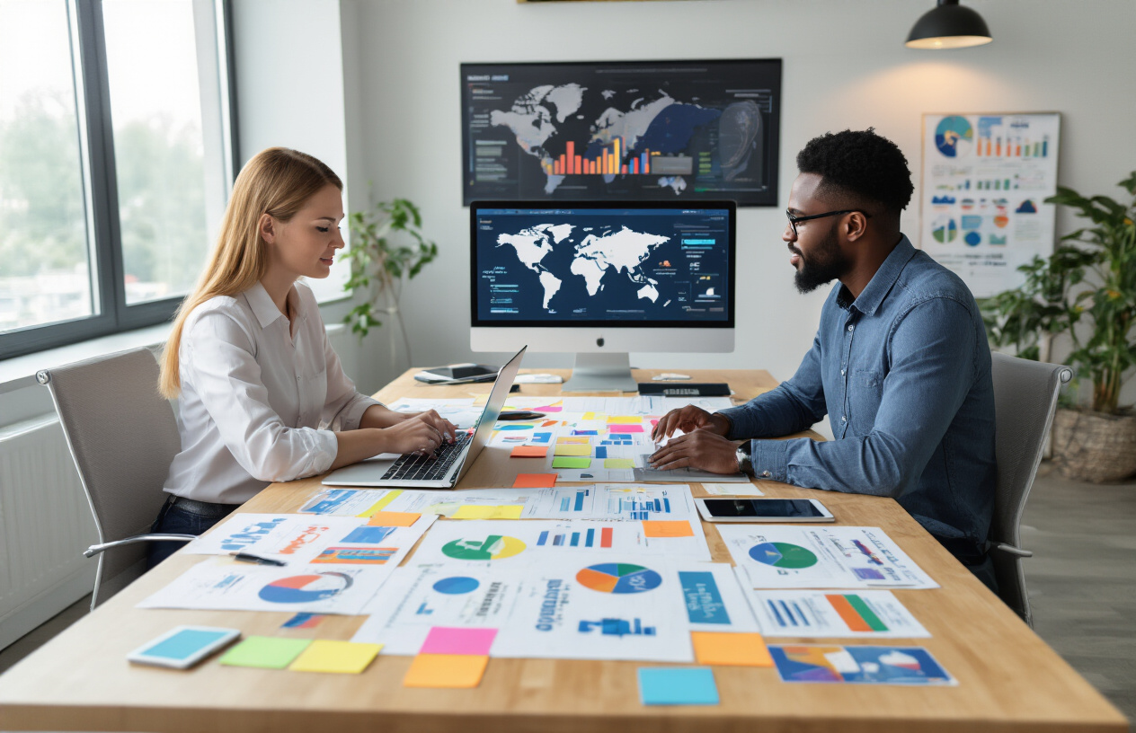 Create a realistic image of a diverse business team working collaboratively on multilingual keyword strategy development, featuring a white female marketing manager and a black male SEO specialist sitting at a modern conference table with laptops, multiple world maps spread across the table showing different global markets, colorful sticky notes with keyword clusters in various languages, international flags representing target markets, and digital devices displaying analytics dashboards, set in a bright modern office environment with natural lighting from large windows, conveying a professional and strategic atmosphere focused on global market research and planning, absolutely NO text should be in the scene.