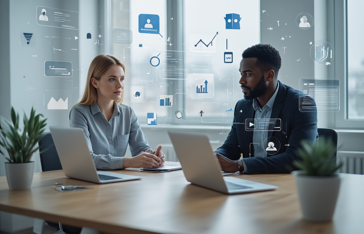 Create a realistic image of a diverse group including a white female and black male professional sitting at a modern office desk with laptops open, surrounded by floating translucent digital search icons, magnifying glasses, and directional arrows pointing in different directions, with a clean minimalist office background featuring natural lighting from large windows, conveying a focused analytical atmosphere as they examine search data and user behavior patterns, absolutely NO text should be in the scene.