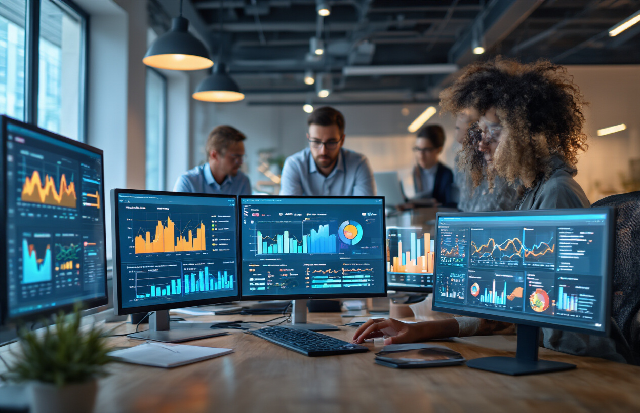 Create a realistic image of a diverse group of business professionals analyzing customer data on multiple computer screens displaying colorful analytics dashboards, search patterns, and discovery trend graphs, with a modern office setting featuring sleek desks and ambient lighting, showing focused concentration as they examine local search behavior metrics and customer journey visualization charts, Absolutely NO text should be in the scene.