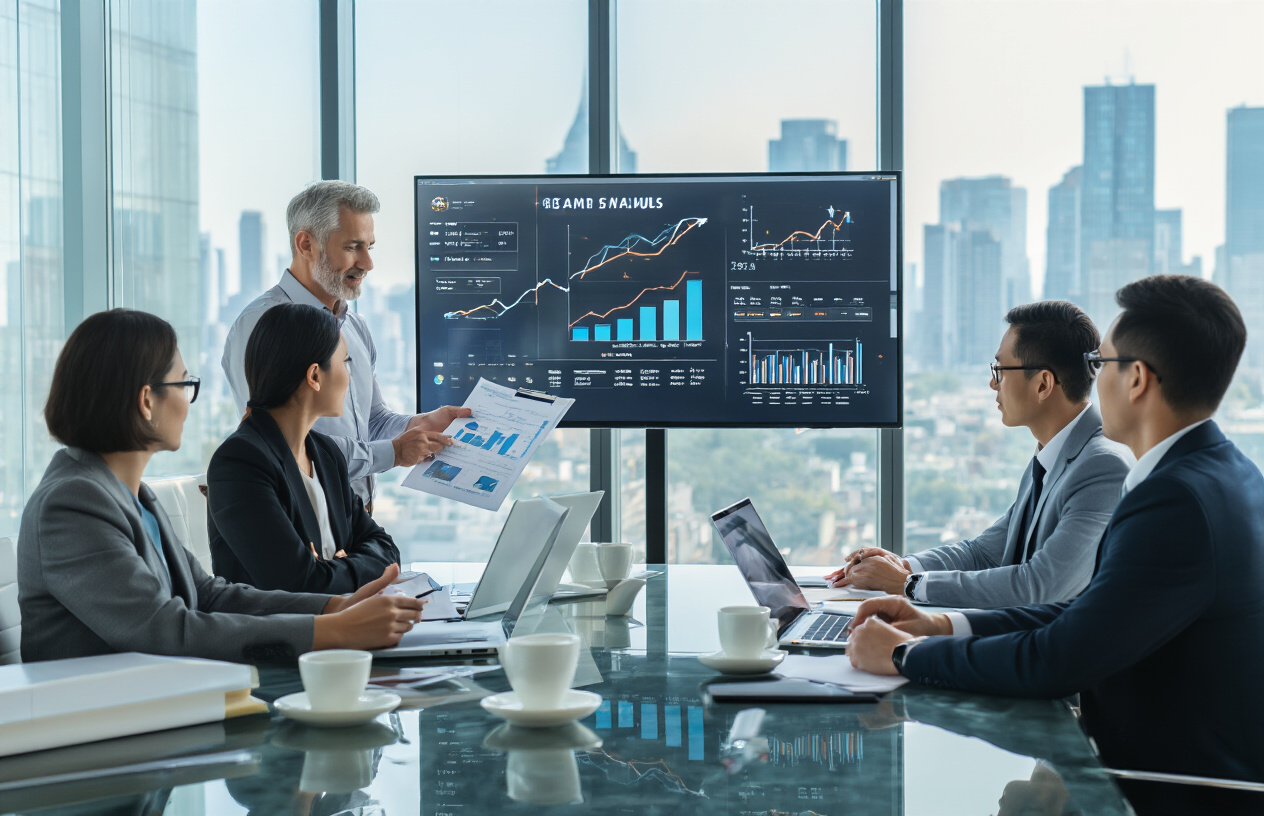Create a realistic image of a diverse group of business professionals in a modern conference room discussing funding strategies, featuring a white male entrepreneur presenting a business plan on a large screen, a black female investor reviewing financial documents, and an Asian male advisor taking notes, with charts showing growth projections and financial data visible on the presentation screen, sleek glass table with laptops, tablets, and coffee cups, floor-to-ceiling windows showing a city skyline in the background, bright natural lighting creating a professional atmosphere, absolutely NO text should be in the scene.
