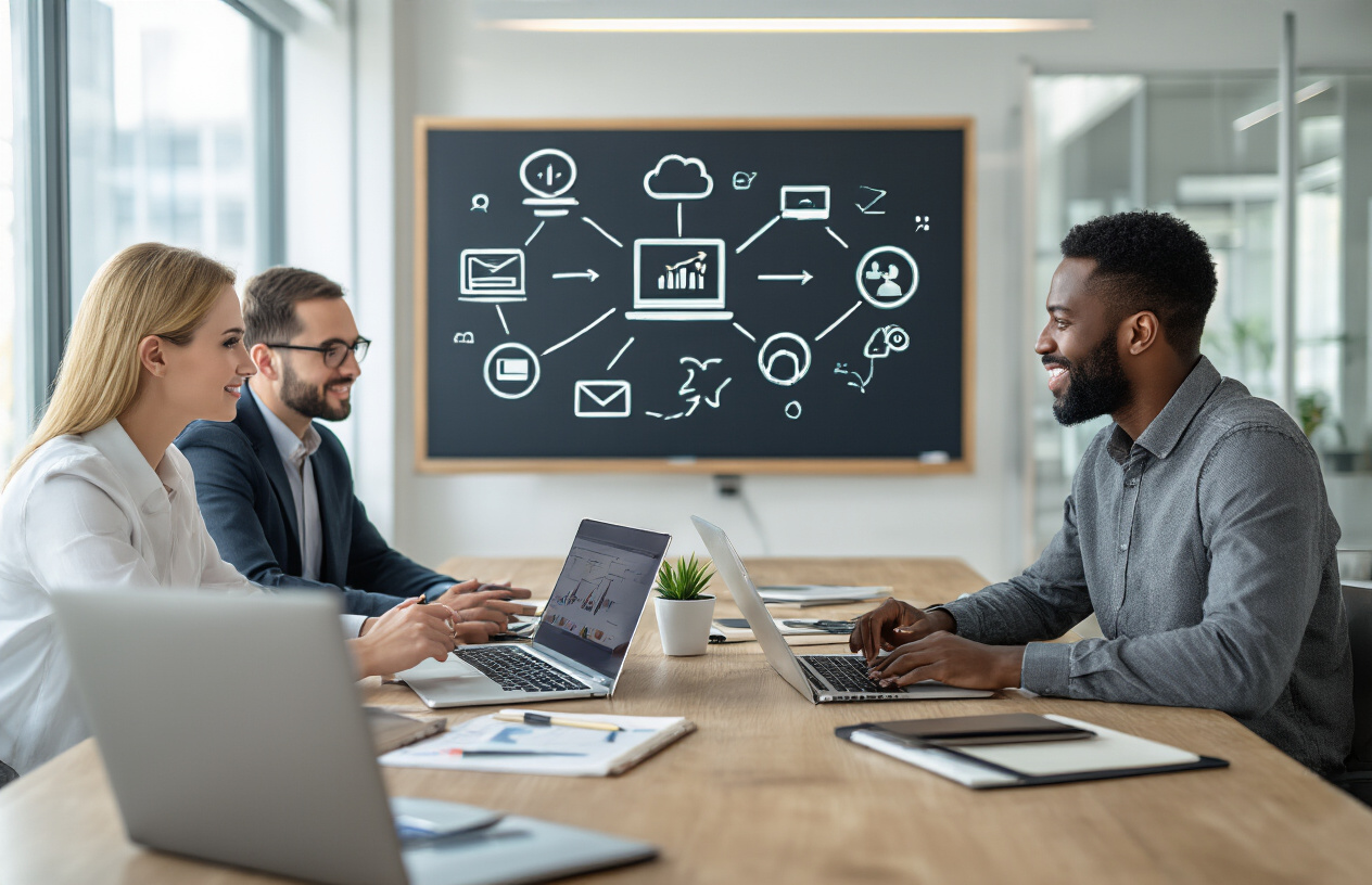 Create a realistic image of a diverse group of business professionals including a white female and black male entrepreneur sitting at a modern conference table with laptops and notebooks, engaged in a discussion about digital marketing strategies, with a whiteboard in the background showing interconnected website icons and arrow symbols representing link connections, bright office lighting with large windows, professional business atmosphere, absolutely NO text should be in the scene.