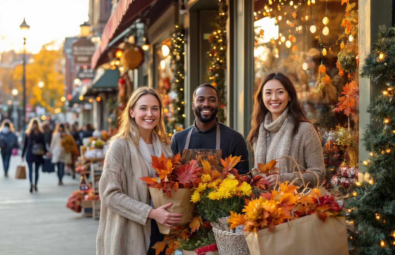 Create a realistic image of a diverse group of local business owners celebrating success in front of their seasonal storefronts, featuring a white female shop owner, a black male cafe owner, and an Asian female boutique owner, all smiling and displaying seasonal decorations like autumn leaves, holiday lights, and spring flowers in their windows, with bustling foot traffic of customers carrying shopping bags, set during golden hour lighting that creates a warm, inviting atmosphere of thriving local commerce, absolutely NO text should be in the scene.