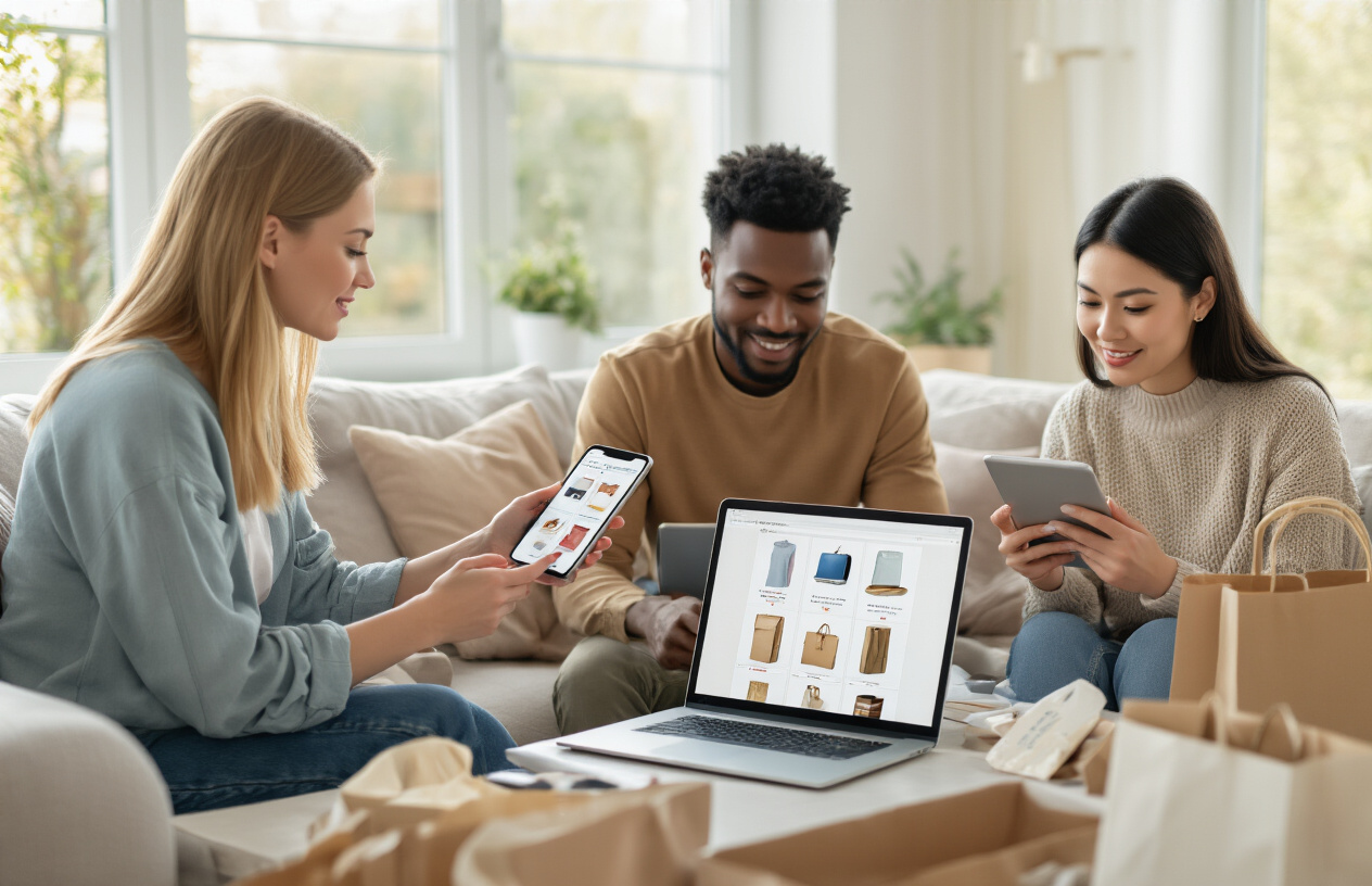 Create a realistic image of a diverse group of online shoppers browsing products on their devices, with a white female looking at her smartphone screen showing product listings, a black male examining items on his laptop, and an Asian female holding a tablet, all sitting in a modern bright living room with soft natural lighting from large windows, shopping bags and packages visible nearby suggesting successful purchases, warm and engaging atmosphere that conveys the transition from browsing to buying, absolutely NO text should be in the scene.