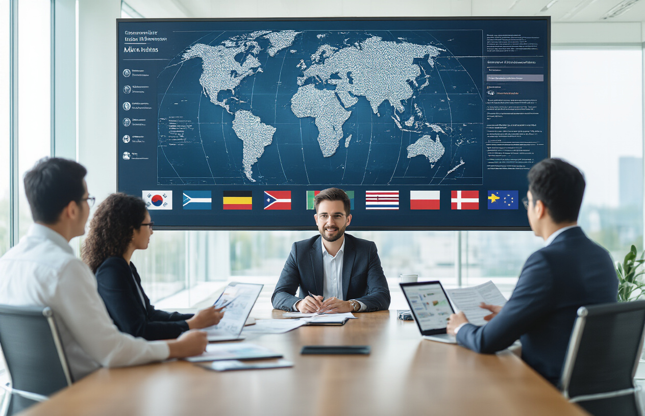 Create a realistic image of a diverse group of professional translators and business consultants sitting around a modern conference table in a bright office environment, with a white male project manager presenting translation service options on a large wall-mounted screen showing world maps and language flags, while a black female linguist and an Asian male interpreter review documents and digital tablets displaying various international languages, with the scene featuring natural daylight streaming through large windows, creating a collaborative and professional atmosphere focused on international business communication services, absolutely NO text should be in the scene.