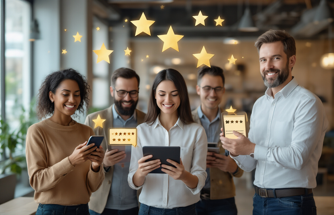 Create a realistic image of a diverse group of satisfied customers of different races and genders holding smartphones and tablets, showing five-star rating interfaces and review screens, with golden star symbols floating around them, set against a modern business office background with soft, warm lighting that conveys success and positive reputation, while a professional white male business owner stands confidently in the background observing the positive feedback, absolutely NO text should be in the scene.