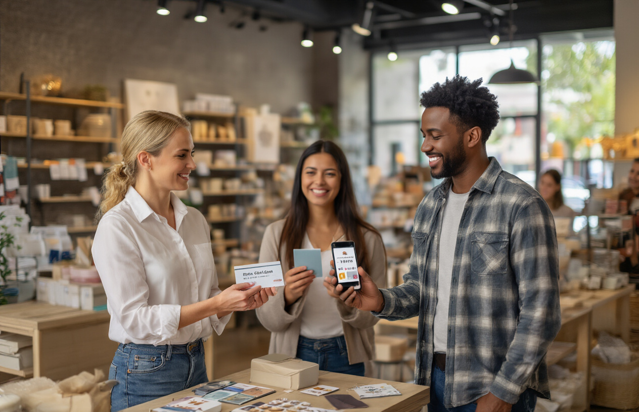 Create a realistic image of a diverse group of small business owners and happy customers in a modern retail store setting, with a white female store manager presenting gift cards and discount vouchers to a smiling black male customer while a Hispanic female customer holds a smartphone showing a 5-star review interface, surrounded by authentic product displays and warm, inviting lighting that creates a trustworthy atmosphere, with genuine handshakes and satisfied expressions conveying authentic customer satisfaction, absolutely NO text should be in the scene.