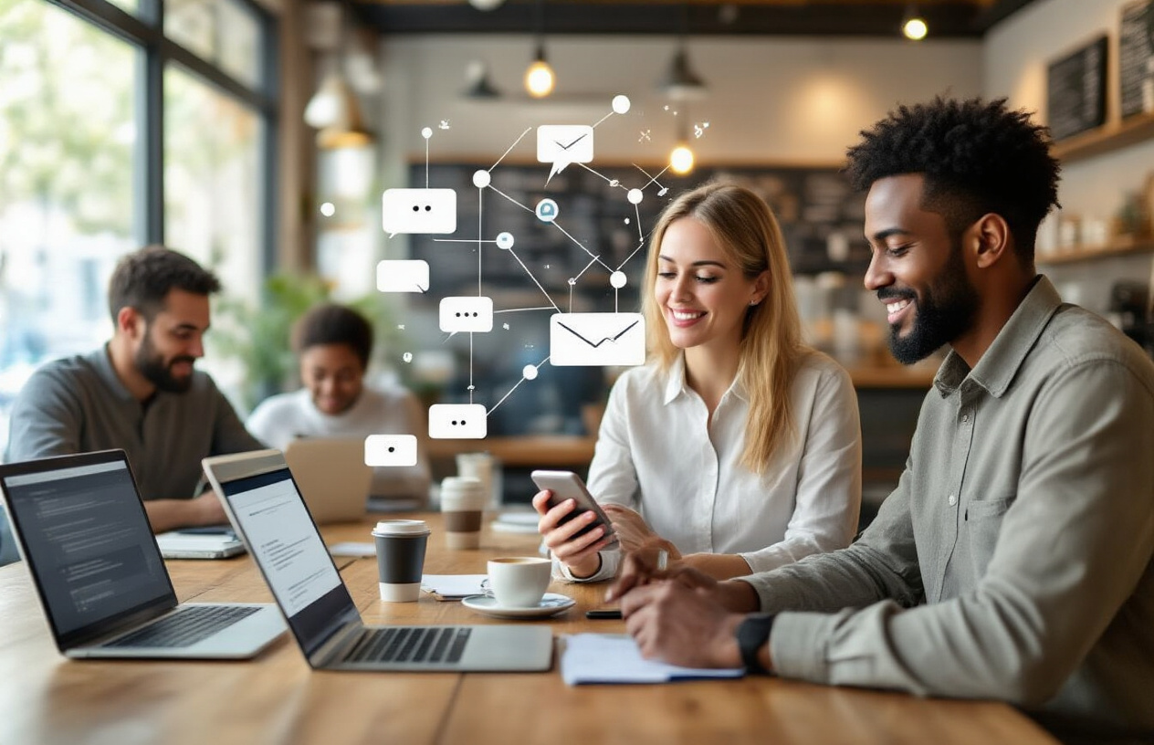 Create a realistic image of a diverse group of small business owners and customers engaged in digital communication, featuring a white female business owner using a smartphone to respond to customer messages while a black male customer looks at his phone with a satisfied expression, set in a modern coffee shop with warm lighting, laptops and tablets displaying messaging interfaces scattered on wooden tables, with abstract digital connection lines or icons floating subtly in the background to represent online business communication, capturing a collaborative and connected atmosphere that emphasizes the bridge between businesses and their customers through digital messaging platforms, absolutely NO text should be in the scene.