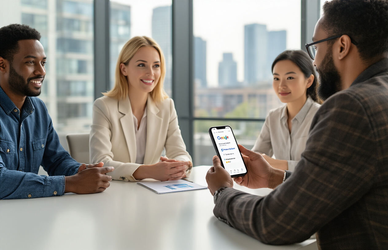 Create a realistic image of a diverse group of small business owners sitting around a modern conference table, with a white female entrepreneur in the center holding a smartphone displaying Google Business Profile messaging interface, while a black male business owner and an Asian female restaurant owner look on attentively, set in a bright, contemporary office space with large windows showing city buildings in the background, conveying a collaborative and successful business atmosphere with warm, natural lighting creating an optimistic and professional mood, absolutely NO text should be in the scene.