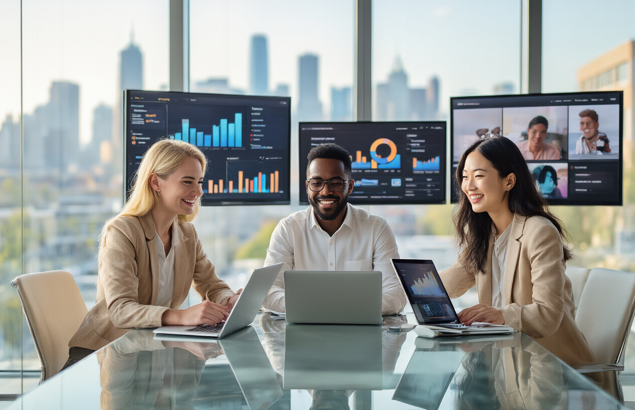 Create a realistic image of a diverse group of three entrepreneurs - one white female, one black male, and one Asian female - sitting around a modern glass conference table in a bright, contemporary office space, looking satisfied and confident while reviewing digital analytics on laptops and tablets, with large windows showing a city skyline in the background, multiple screens displaying media content on the walls, and warm natural lighting creating an atmosphere of success and achievement, absolutely NO text should be in the scene.