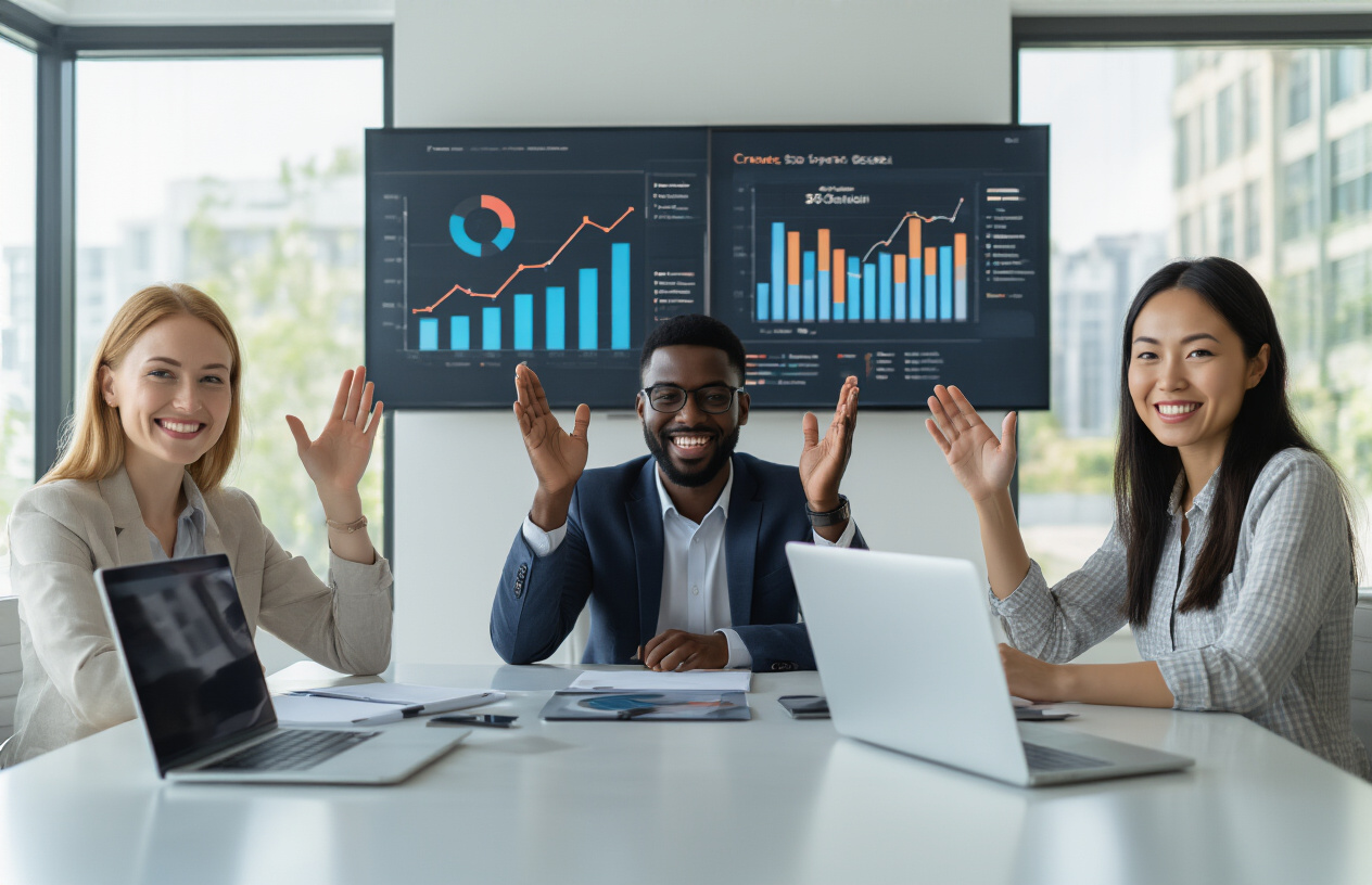 Create a realistic image of a diverse group of three professionals - one white female, one black male, and one Asian female - sitting around a modern conference table with laptops open, celebrating their SEO success with raised hands and smiling expressions, surrounded by upward-trending growth charts and SEO analytics dashboards displayed on wall-mounted monitors, in a bright contemporary office space with natural lighting from large windows, conveying achievement and rapid professional development, absolutely NO text should be in the scene.