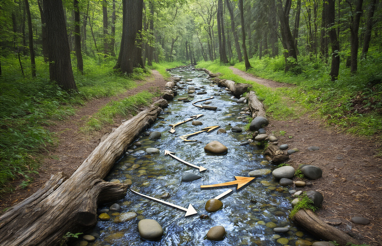 Create a realistic image of a flowing river or stream with clear directional arrows made of natural elements like stones or fallen logs pointing downstream, surrounded by an organized forest landscape with well-defined pathways branching logically from a main trail, soft natural lighting filtering through trees creating a sense of guidance and clear direction, peaceful and organized atmosphere that conveys structured flow and logical progression, absolutely NO text should be in the scene.
