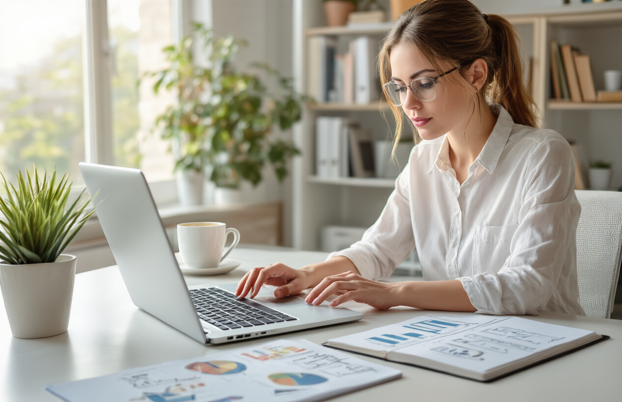 Create a realistic image of a focused white female professional sitting at a modern desk with a laptop computer open, typing and crafting content, with notebooks and papers with outlined content strategies scattered around, a coffee cup nearby, bright natural lighting from a window, clean office environment with bookshelves in the background, warm and productive atmosphere suggesting content creation and writing process, absolutely NO text should be in the scene.