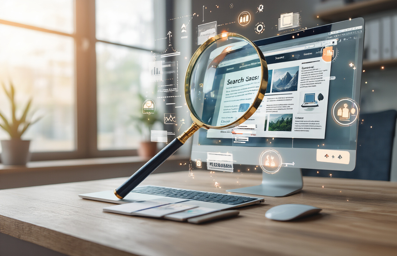 Create a realistic image of a magnifying glass hovering over a computer screen displaying a webpage with various content elements like paragraphs, headings, and images, with subtle digital evaluation metrics and quality indicators floating around the screen as glowing icons, set in a modern office environment with soft natural lighting from a window, conveying the analytical process of search engine content assessment, absolutely NO text should be in the scene.