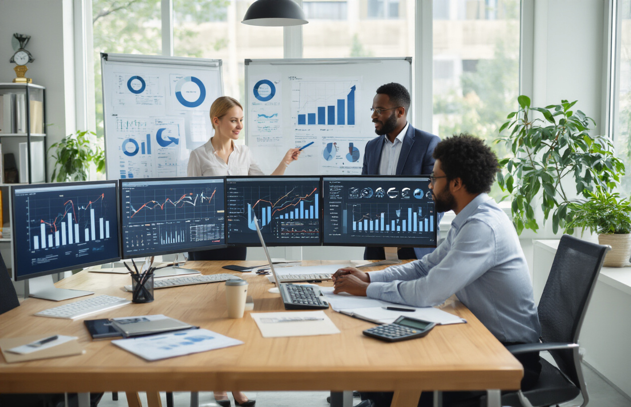 Create a realistic image of a modern business office setting with a diverse team of professionals - including a white female manager and a black male analyst - working with financial charts, graphs, and data analytics displayed on computer screens and whiteboards, showing upward trending arrows and ROI metrics, with calculators, notebooks, and business documents spread across a clean wooden conference table, featuring bright natural lighting from large windows, professional atmosphere with plants and awards visible in the background, absolutely NO text should be in the scene.