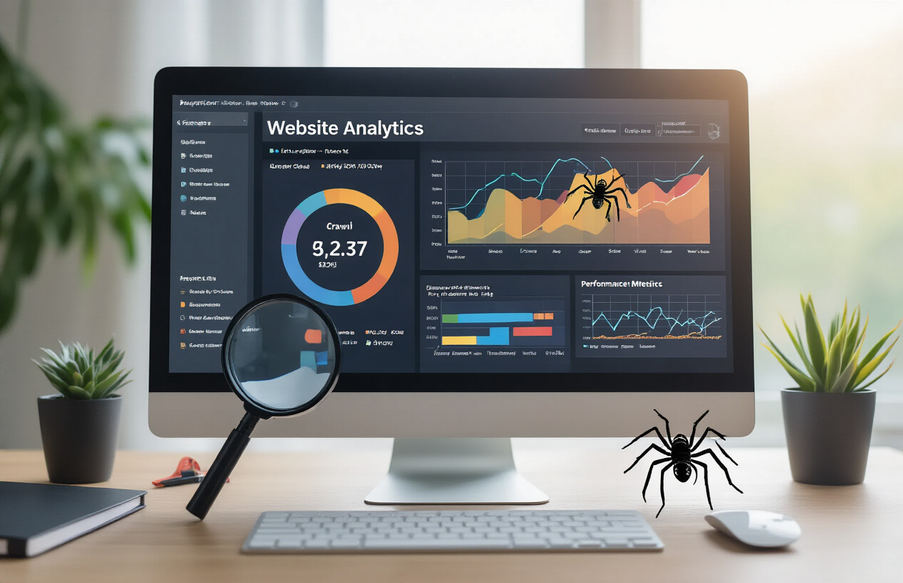 Create a realistic image of a modern computer monitor displaying website analytics dashboard with colorful graphs and charts showing crawl data, surrounded by magnifying glasses examining web page elements, search engine spider/bot icons crawling across digital pathways, and performance metrics visualization, set against a clean office desk with soft natural lighting from a window, creating a professional tech-focused atmosphere that represents SEO analysis and website optimization. Absolutely NO text should be in the scene.