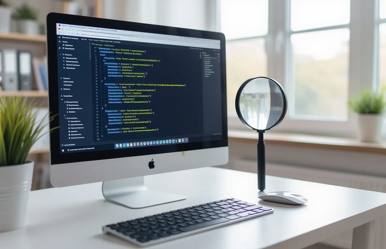 Create a realistic image of a modern computer monitor displaying a webpage with HTML code structure visible, showing title tag elements highlighted in blue with keywords strategically positioned within them, a clean white desk with a wireless keyboard and mouse, bright natural lighting from a window, professional web development workspace atmosphere, and a magnifying glass positioned over the screen emphasizing the keyword placement strategy. Absolutely NO text should be in the scene.