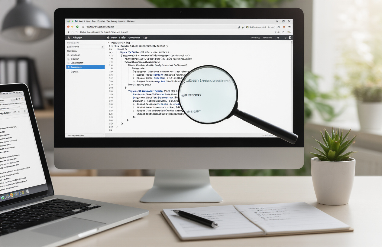 Create a realistic image of a modern computer monitor displaying a website's HTML code editor with highlighted title tags, showing multiple browser tabs open with different page titles visible, a magnifying glass hovering over optimized title elements, search engine results snippets floating around the screen showing improved visibility rankings, clean minimalist office desk setup with a laptop, notepad with SEO checklist items, and soft natural lighting from a nearby window creating a professional workspace atmosphere, absolutely NO text should be in the scene.