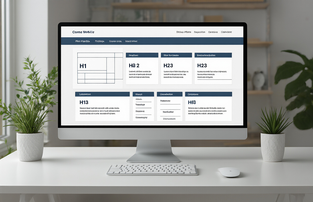 Create a realistic image of a modern computer monitor displaying a website wireframe or layout with clearly visible hierarchical header structure, showing H1, H2, H3 tags in a cascading format, with a clean white desk setup, soft natural lighting from the side, and a professional web development environment in the background, absolutely NO text should be in the scene.