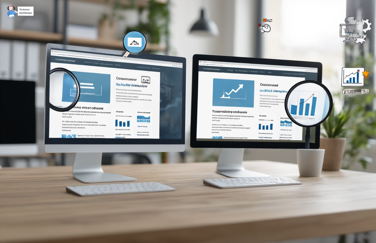 Create a realistic image of a modern computer monitor displaying two identical webpage layouts side by side on the screen, with subtle visual elements like magnifying glasses hovering over the duplicate content areas, surrounded by SEO-related icons such as search engine result snippets, ranking arrows, and website analytics graphs floating in the background, set in a clean professional office environment with soft natural lighting, emphasizing the concept of content duplication and its impact on search engine optimization, absolutely NO text should be in the scene.