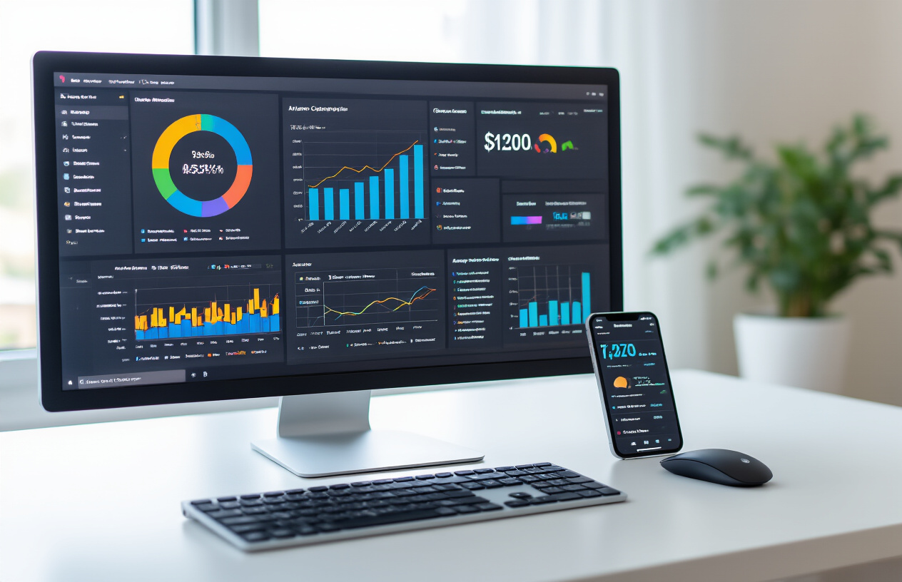 Create a realistic image of a modern computer monitor displaying multiple SEO analytics dashboards with colorful graphs, charts, and website performance metrics, surrounded by a clean white desk setup with a wireless keyboard, mouse, and smartphone showing mobile analytics, in a bright professional office environment with soft natural lighting from a window, featuring various digital marketing tools and search console interfaces on the screen without any visible text, absolutely NO text should be in the scene.