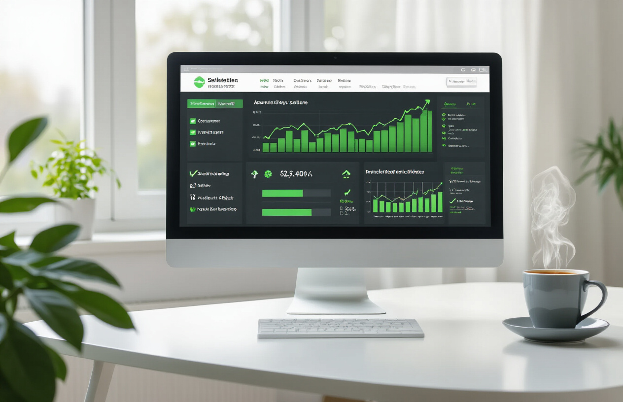 Create a realistic image of a modern computer monitor displaying a website analytics dashboard with green checkmarks and upward trending graphs, sitting on a clean white desk next to a steaming coffee cup, with soft natural lighting from a window creating a professional and successful atmosphere, representing the resolution of technical website issues. Absolutely NO text should be in the scene.