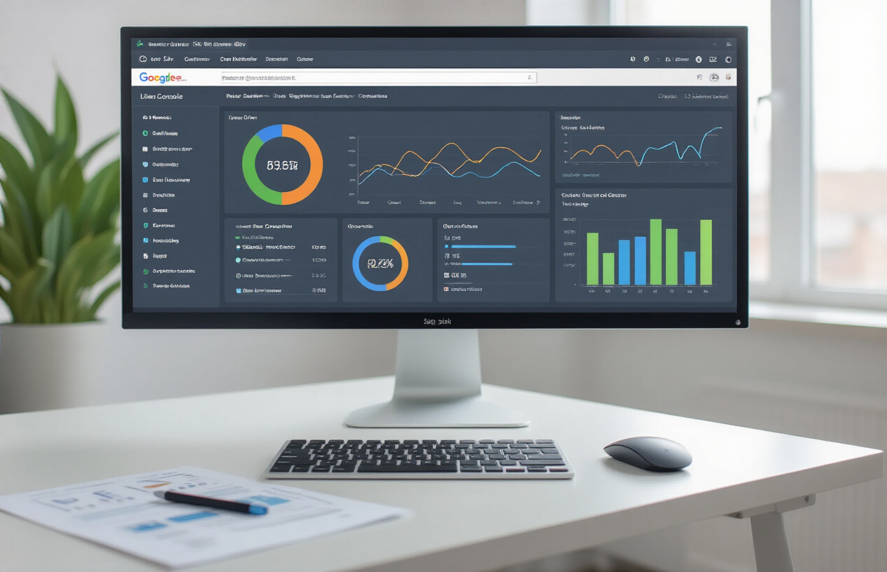Create a realistic image of a modern computer monitor displaying the Google Search Console interface with crawl reports dashboard visible on screen, featuring colorful charts, graphs, and data tables showing website crawling statistics, placed on a clean white desk in a bright office environment with soft natural lighting from a window, accompanied by a wireless keyboard and mouse, with some technical documentation papers scattered nearby, Absolutely NO text should be in the scene.