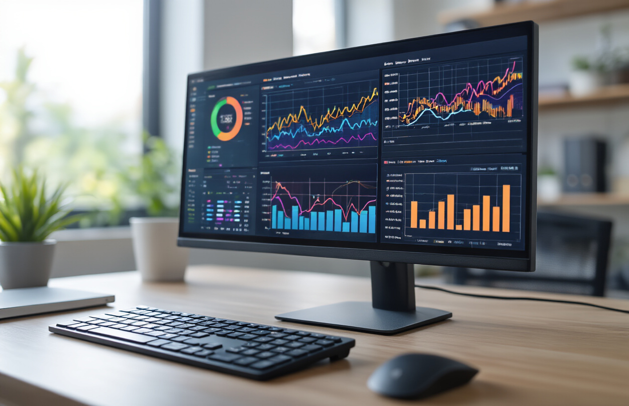 Create a realistic image of a modern computer monitor displaying multiple colorful line graphs and analytics charts showing upward trending data over time, with clean dashboard interface elements, surrounded by a professional office desk environment with a wireless keyboard and mouse, soft natural lighting from a nearby window, creating a focused and analytical atmosphere. Absolutely NO text should be in the scene.