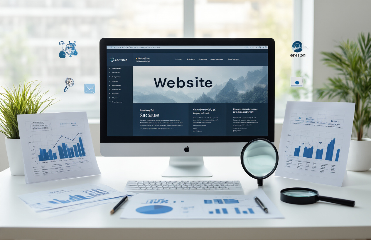 Create a realistic image of a modern computer monitor displaying a website with prominent header sections, surrounded by SEO analytics charts and graphs on paper documents, a magnifying glass positioned over website header elements, and subtle digital marketing icons floating in the background, all arranged on a clean white desk in a bright, professional office environment with soft natural lighting, Absolutely NO text should be in the scene.