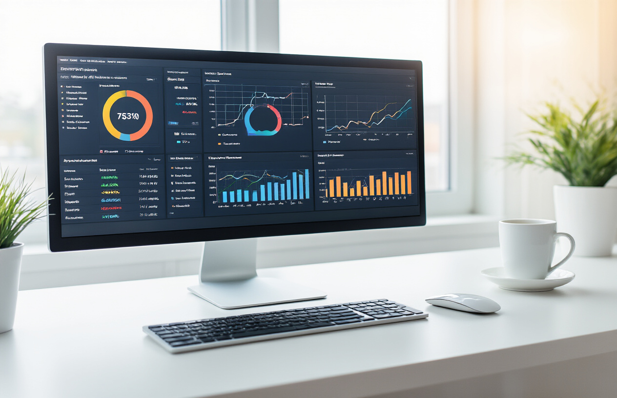 Create a realistic image of a modern computer monitor displaying advanced SEO analytics dashboard with colorful graphs, performance metrics, keyword rankings, and data visualizations, surrounded by a clean white desk with a wireless keyboard, mouse, and coffee cup, in a bright professional office setting with natural lighting from a window, featuring a focused atmosphere of digital marketing optimization work, absolutely NO text should be in the scene.