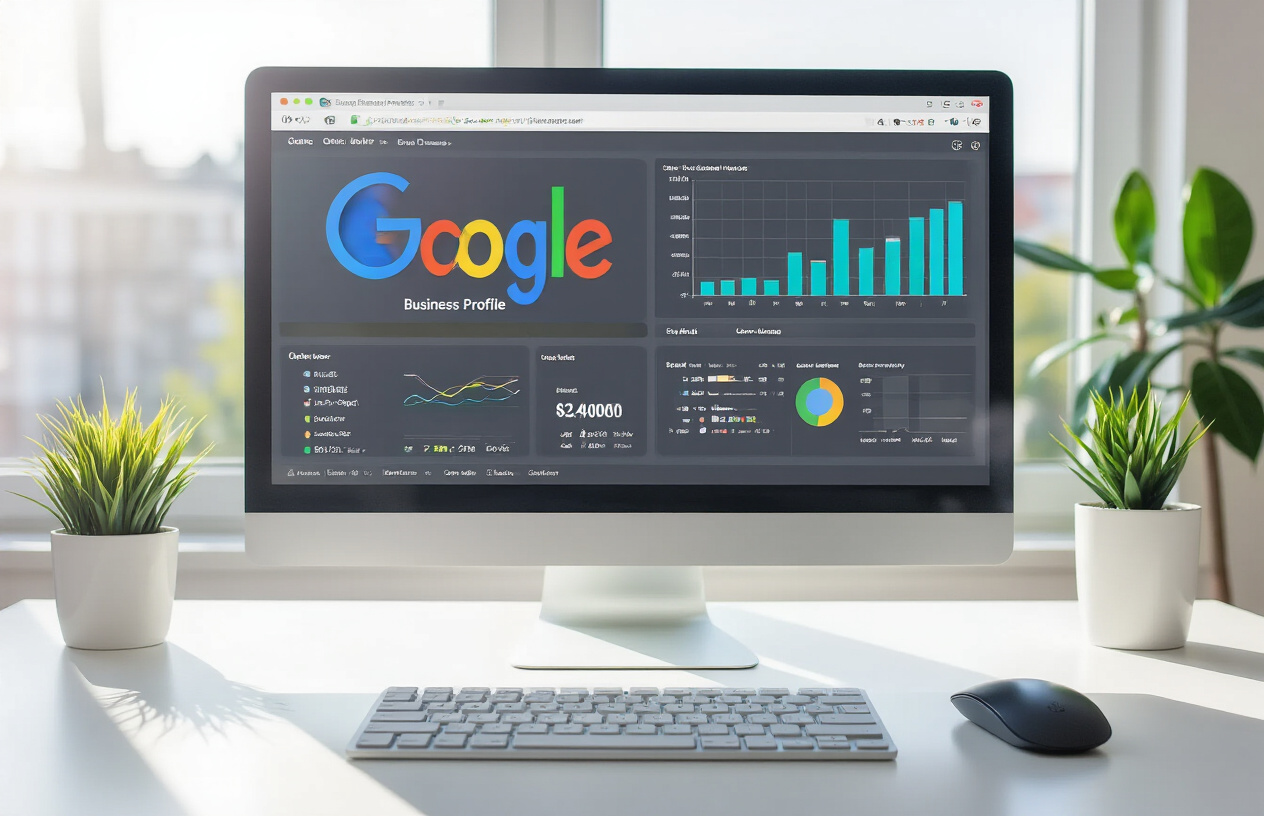 Create a realistic image of a modern computer monitor displaying Google Business Profile analytics dashboard with colorful charts, graphs, and data visualizations, a wireless mouse and keyboard on a clean white desk, bright natural lighting from a window, professional office environment with minimal background elements, absolutely NO text should be in the scene.