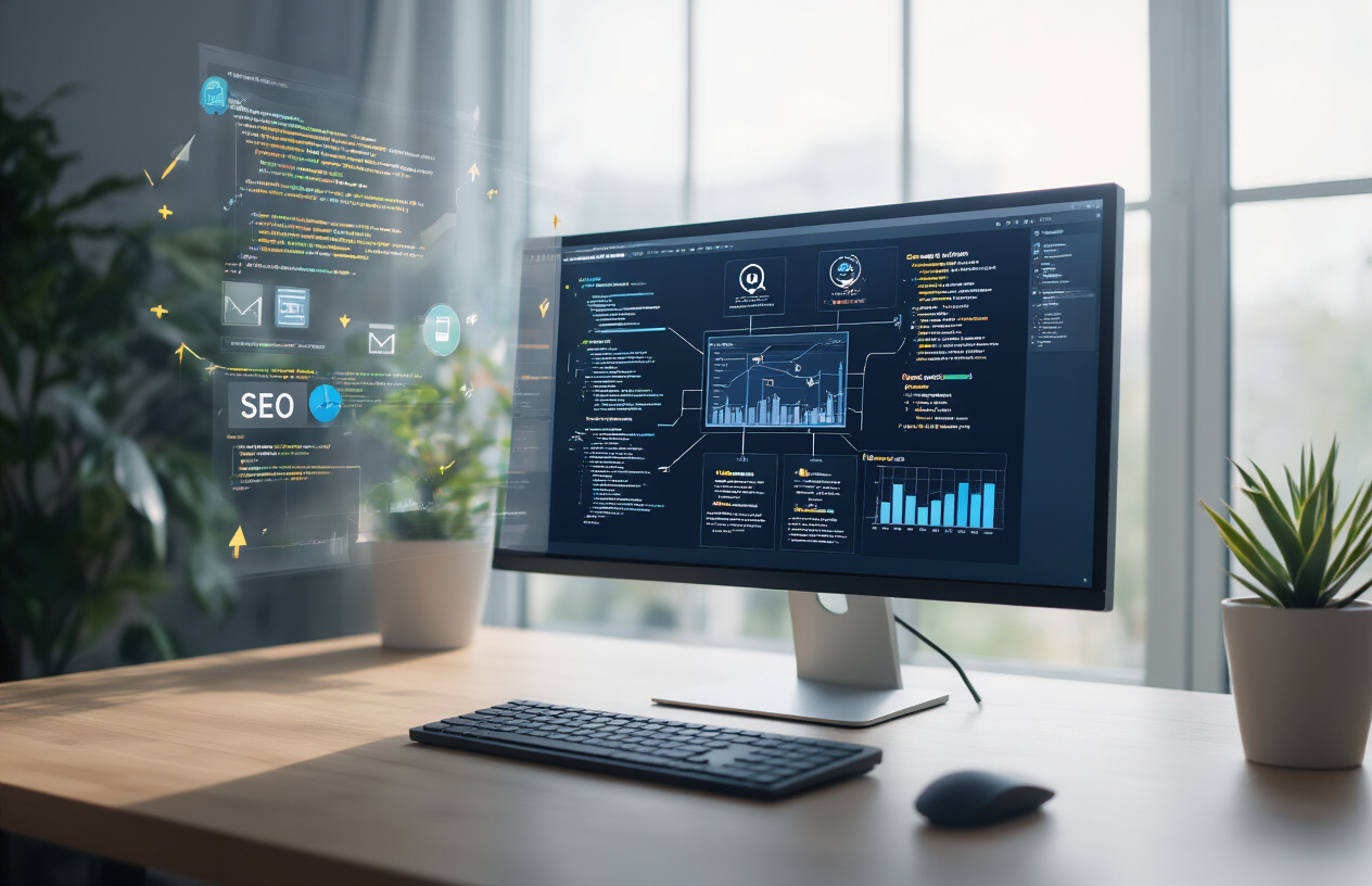 Create a realistic image of a modern computer monitor displaying a website structure diagram with interconnected web pages and navigation paths, alongside floating XML code snippets and SEO analytics graphs showing upward trending arrows, set against a clean office environment with soft natural lighting from a window, featuring a sleek desk setup with a keyboard and mouse, emphasizing digital marketing and web optimization concepts through visual elements like search engine icons and website hierarchy flowcharts, absolutely NO text should be in the scene.