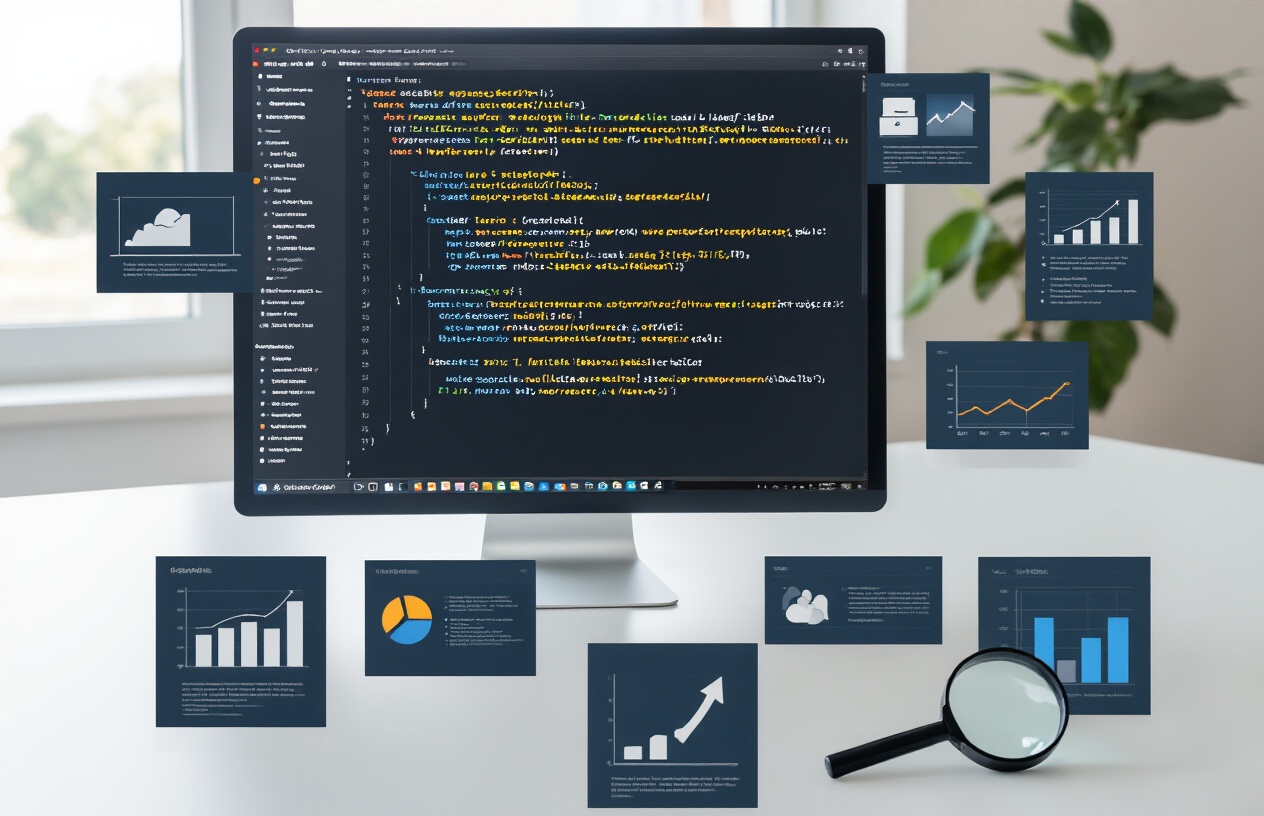 Create a realistic image of a modern computer screen displaying a website's HTML code with highlighted noindex and nofollow meta tags, surrounded by SEO-related elements like search engine result pages, website analytics graphs, and magnifying glass icons, set on a clean white desk with natural lighting from a window, creating a professional and educational atmosphere that conveys technical web optimization concepts, absolutely NO text should be in the scene.