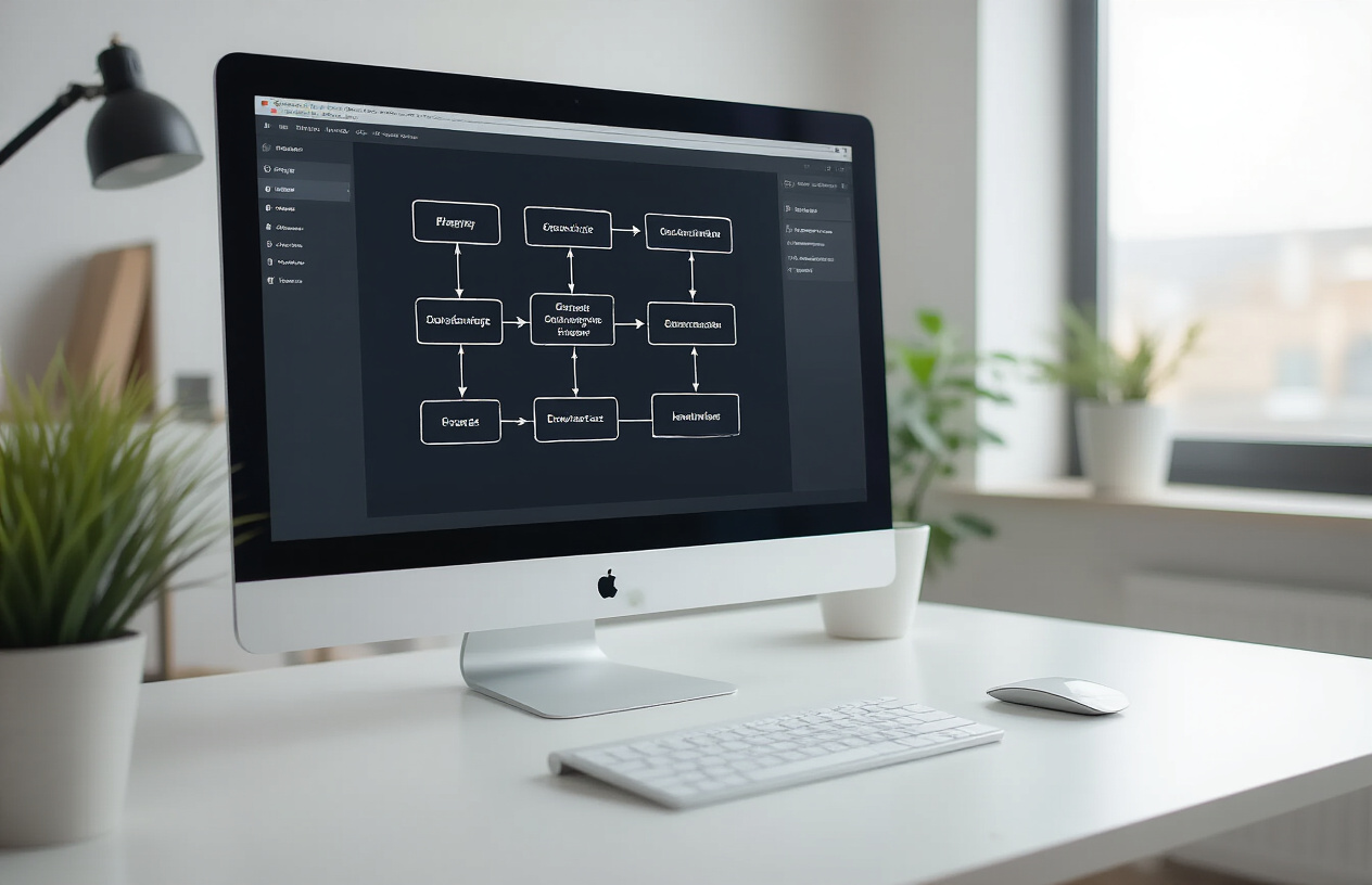 Create a realistic image of a modern computer screen displaying a website wireframe or flowchart with interconnected boxes and arrows showing internal linking structure, with a clean white desk setup, soft natural lighting from a window, and a minimalist office environment in the background, absolutely NO text should be in the scene.