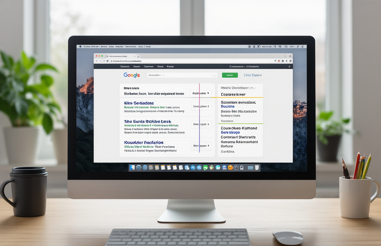 Create a realistic image of a modern computer screen displaying a web browser with a search engine results page, showing multiple website listings with varying title lengths highlighted in different colors to demonstrate optimal and suboptimal character limits, a ruler or measuring tool overlay indicating character count limits, clean office desk setup with keyboard and mouse, bright natural lighting from a window, professional workspace atmosphere, Absolutely NO text should be in the scene.