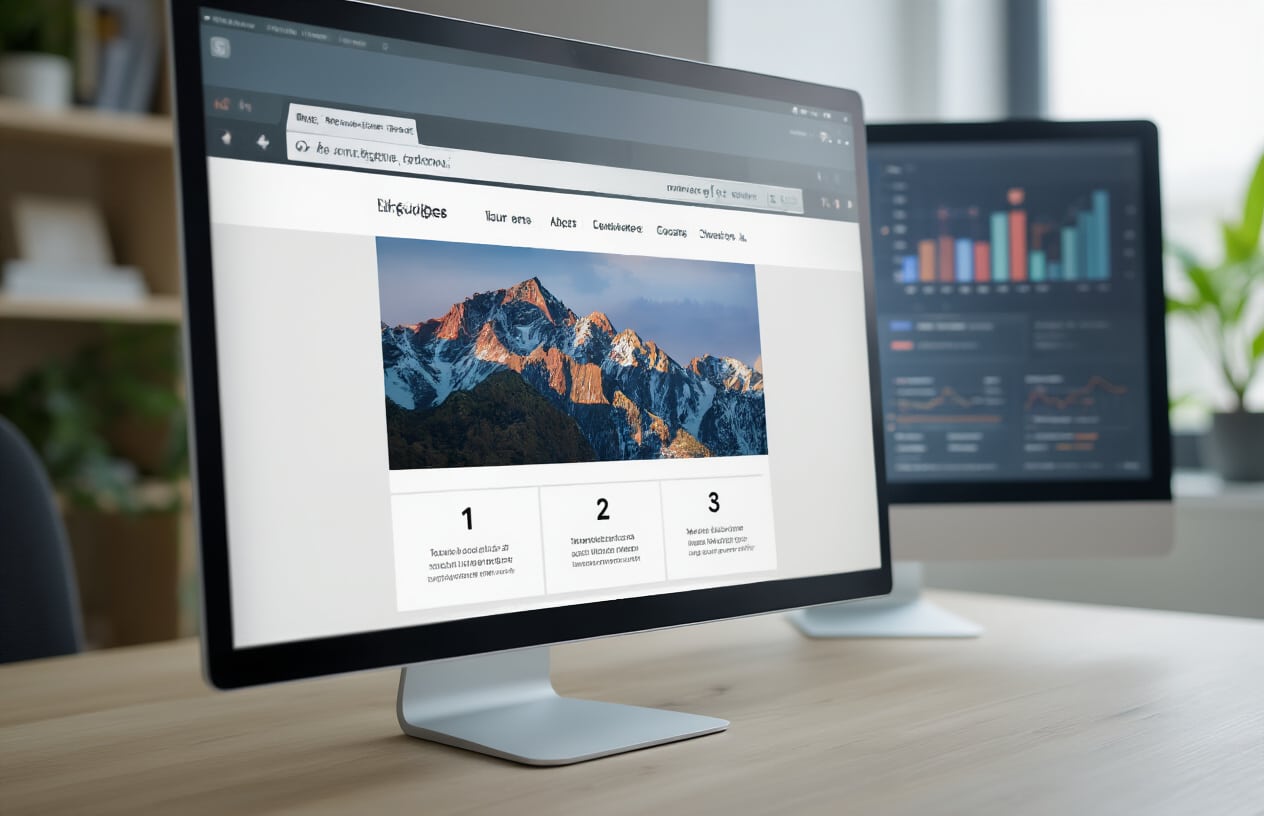 Create a realistic image of a modern computer screen displaying a website with multiple page navigation elements at the bottom, showing numbered pagination buttons (1, 2, 3, next), with a clean white background, soft natural lighting from the side, and subtle SEO performance graphs or analytics charts visible on another monitor in the background, professional office environment with minimal distractions, focused composition emphasizing the pagination interface, Absolutely NO text should be in the scene.