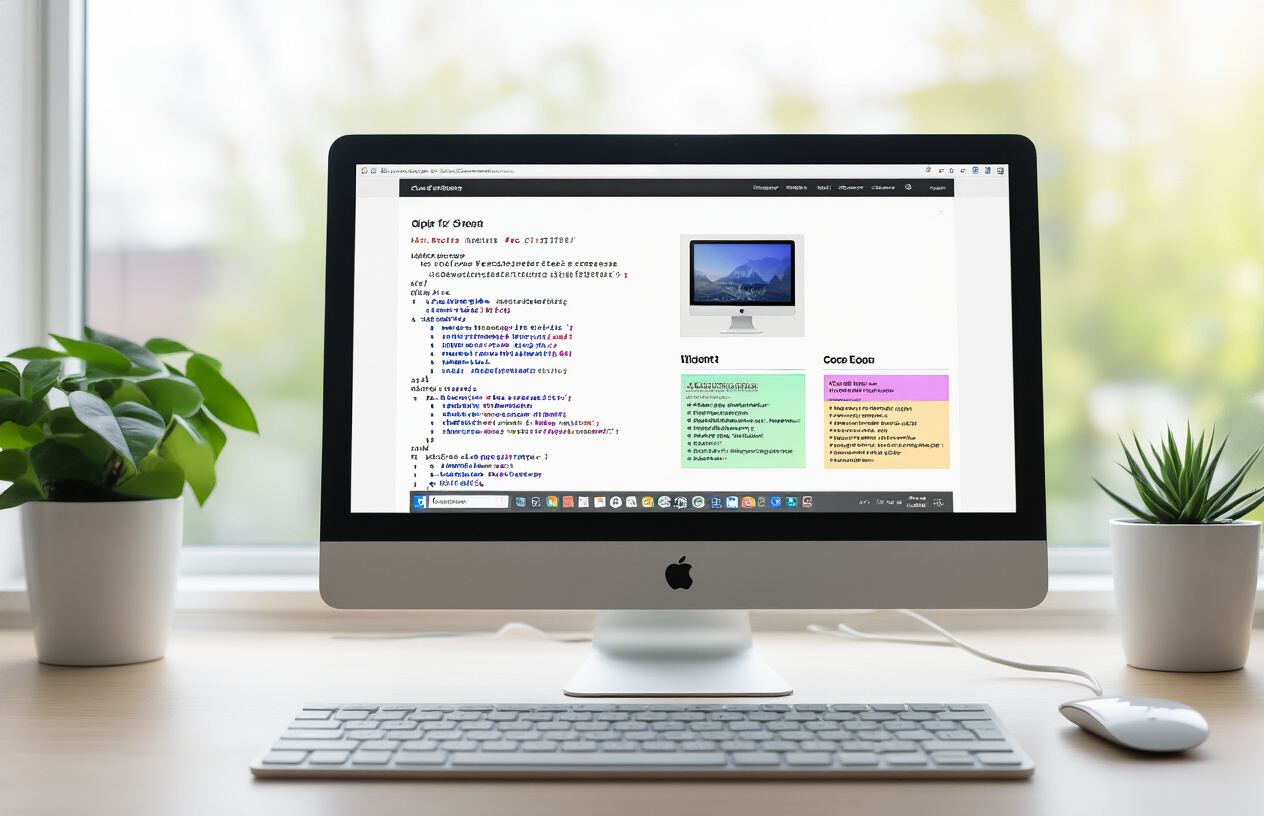Create a realistic image of a modern computer screen displaying a website's product page with visible HTML code structure and schema markup elements highlighted in colorful overlays, showing how structured data integrates with e-commerce product listings, with a clean desk setup including a keyboard and mouse, soft natural lighting from a nearby window, and a professional workspace atmosphere, absolutely NO text should be in the scene.