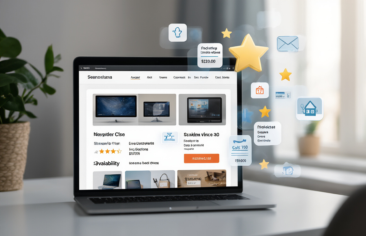 Create a realistic image of a modern computer screen displaying a web browser with a product page interface, showing various schema markup elements floating as translucent overlay icons around a product image, including star ratings, price tags, availability badges, and breadcrumb navigation symbols, with a clean white desk surface, soft natural lighting from the side, and a professional workspace atmosphere, Absolutely NO text should be in the scene.