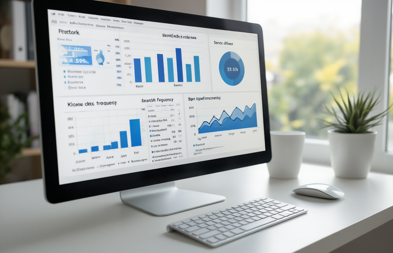 Create a realistic image of a modern computer screen displaying various data visualization elements including bar charts showing different keyword volumes, pie charts representing search frequency distributions, and line graphs trending upward and downward to represent keyword performance metrics, with a clean white desk surface, a wireless keyboard and mouse nearby, soft natural lighting from a window, and a professional workspace atmosphere, absolutely NO text should be in the scene.
