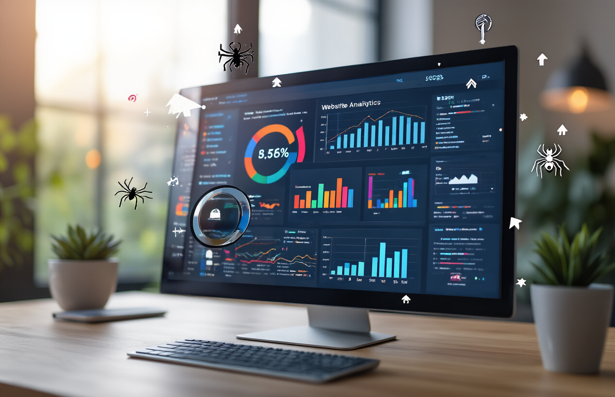 Create a realistic image of a modern computer screen displaying a website analytics dashboard with colorful graphs, charts showing website traffic data, and search engine results pages in the background, surrounded by SEO-related elements like magnifying glass, upward trending arrows, and web crawling spider icons, set in a clean modern office environment with soft natural lighting from a window, featuring a sleek desk setup with minimal clutter, emphasizing the concept of website visibility and search engine optimization monitoring, with a subtle digital network pattern overlay suggesting internet connectivity and data flow, absolutely NO text should be in the scene.