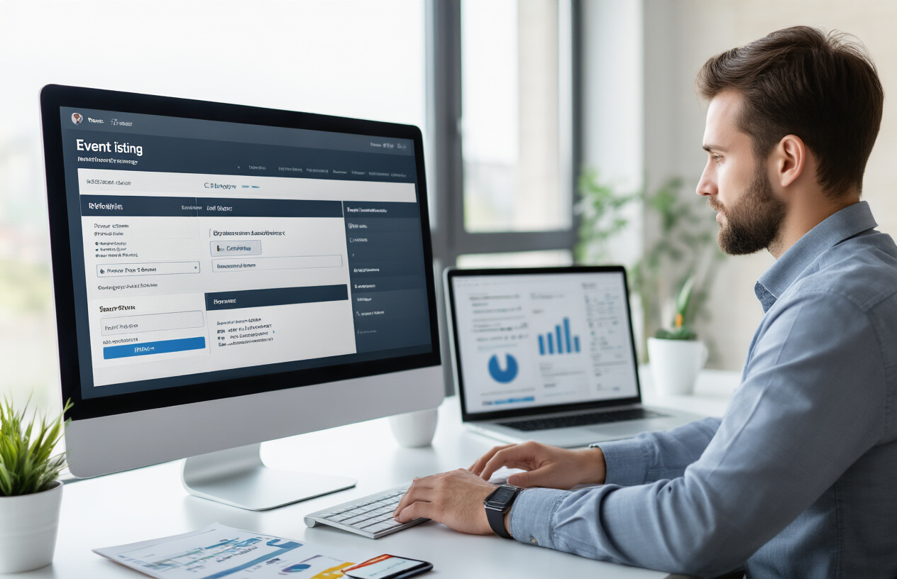 Create a realistic image of a modern computer screen displaying a clean, organized event listing interface with various optimization elements visible including SEO tags, category filters, search bars, and event details forms, with a white male professional in business casual attire sitting at a sleek desk working on the optimization process, surrounded by marketing analytics charts, a smartphone showing event notifications, and a notepad with strategy notes, all set in a bright modern office environment with natural lighting from large windows, conveying a productive and tech-savvy atmosphere focused on digital marketing optimization, absolutely NO text should be in the scene.
