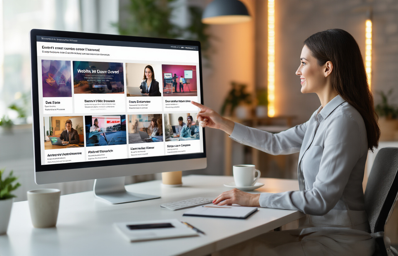 Create a realistic image of a modern computer screen displaying a sleek event listing webpage with vibrant colorful event cards showing different webinar topics, a white female professional in business attire sitting at a clean desk pointing at the screen with excitement, warm office lighting creating a productive atmosphere, a coffee cup and notebook nearby, the scene conveying success and conversion optimization, absolutely NO text should be in the scene.