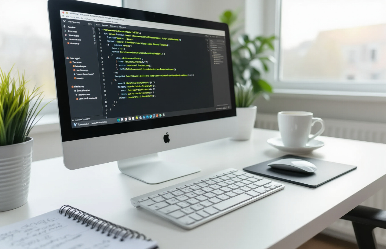 Create a realistic image of a modern computer screen displaying a code editor interface with a robots.txt file structure visible, showing organized lines of code commands like "User-agent" and "Disallow" entries, with a clean white desk setup including a wireless keyboard and mouse, a notebook with handwritten SEO notes, and a coffee cup, set in a bright professional office environment with natural lighting from a window, featuring a focused atmosphere for web development work, absolutely NO text should be in the scene.