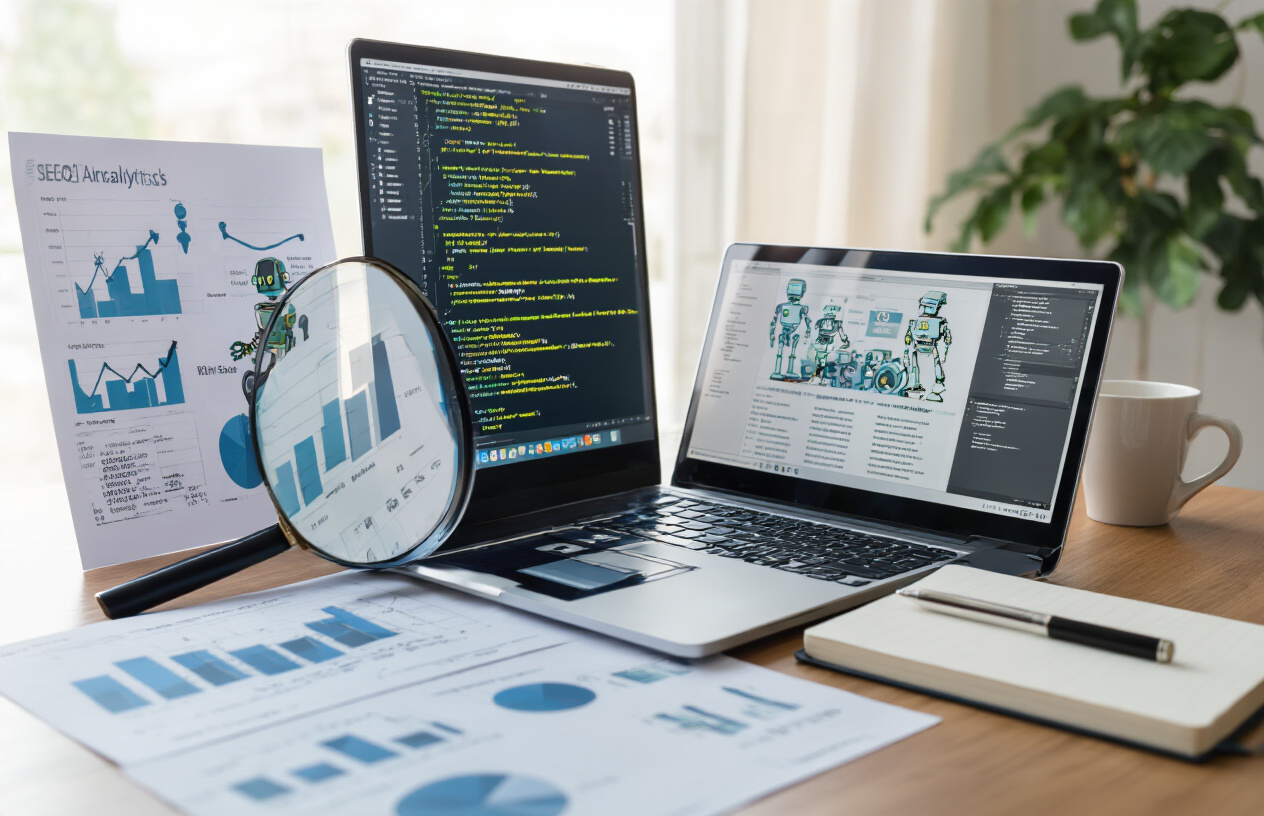 Create a realistic image of a modern computer workstation showing a laptop with code editor displaying robots.txt file syntax on the screen, surrounded by SEO analytics charts and graphs on paper documents, with a magnifying glass highlighting technical optimization elements, set in a clean professional office environment with soft natural lighting from a window, featuring a sleek desk setup with coffee cup and notebook, conveying a sense of technical expertise and successful digital marketing optimization, absolutely NO text should be in the scene.