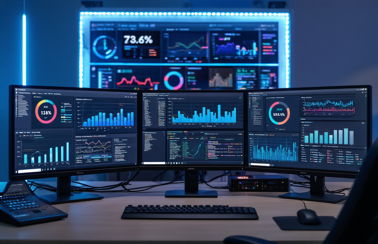 Create a realistic image of a modern computer workstation with multiple monitors displaying complex website analytics dashboards, code optimization interfaces, and technical SEO tools with colorful graphs and metrics, featuring a sleek desktop setup with advanced technical equipment including servers and networking hardware in the background, illuminated by soft blue LED lighting in a professional tech environment, with various SEO monitoring tools and performance indicators visible on the screens, Absolutely NO text should be in the scene.