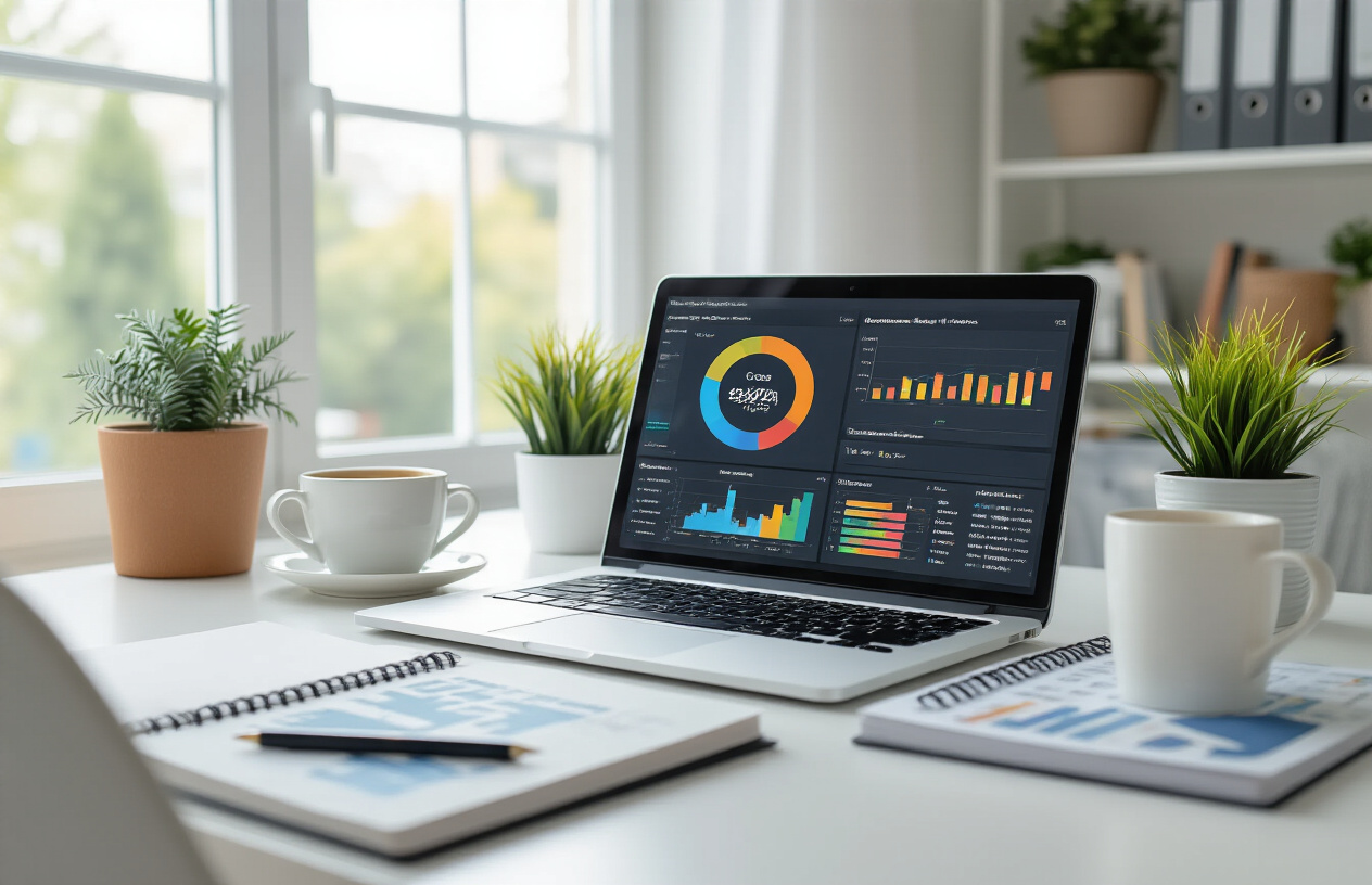 Create a realistic image of a modern computer workstation with a laptop displaying SEO analytics dashboard with colorful charts and graphs, surrounded by organized digital marketing elements including notebooks, a coffee cup, and small potted plants on a clean white desk, bright natural lighting from a window, professional home office environment with a sense of achievement and optimization success, absolutely NO text should be in the scene.